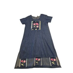 Sante Classics Womens Blue Denim Floral Applique Midi Shift Dress Size M boho